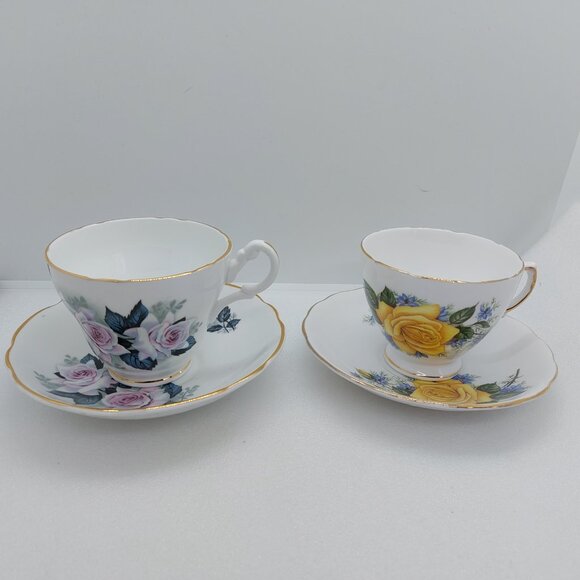 2 Vintage Tea Cups & Saucers Royal Vale & Consort - Yellow Rose White Pink Rose - Picture 3 of 16